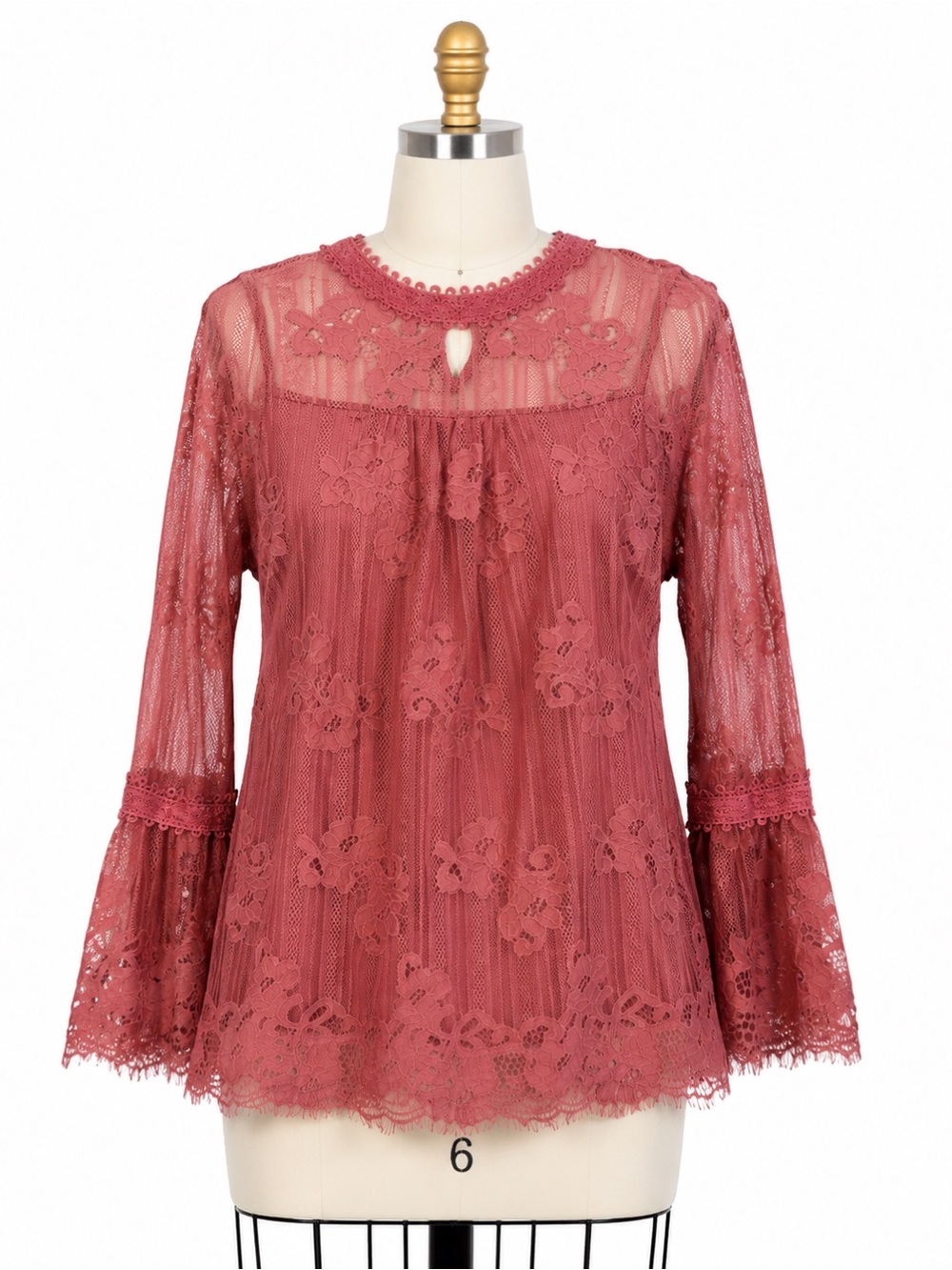 Rose lace, bell sleeve, women’s blouse.